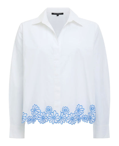 Cambria Cotton Floral Hem Shirt - Linen White/Azure Blue