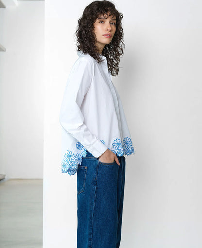 Cambria Cotton Floral Hem Shirt - Linen White/Azure Blue