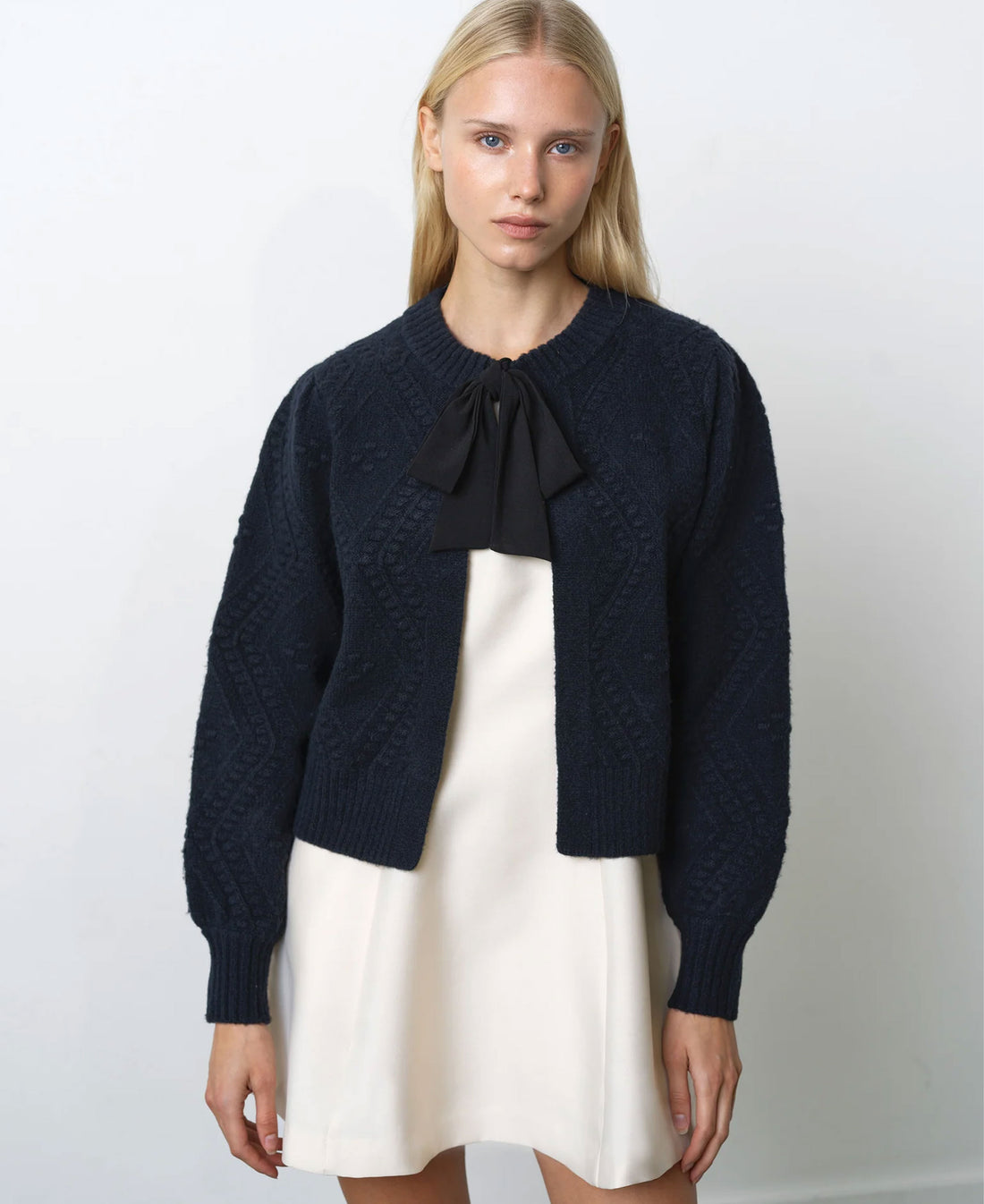 Kitty Bobble Bow Cardigan - Navy Black