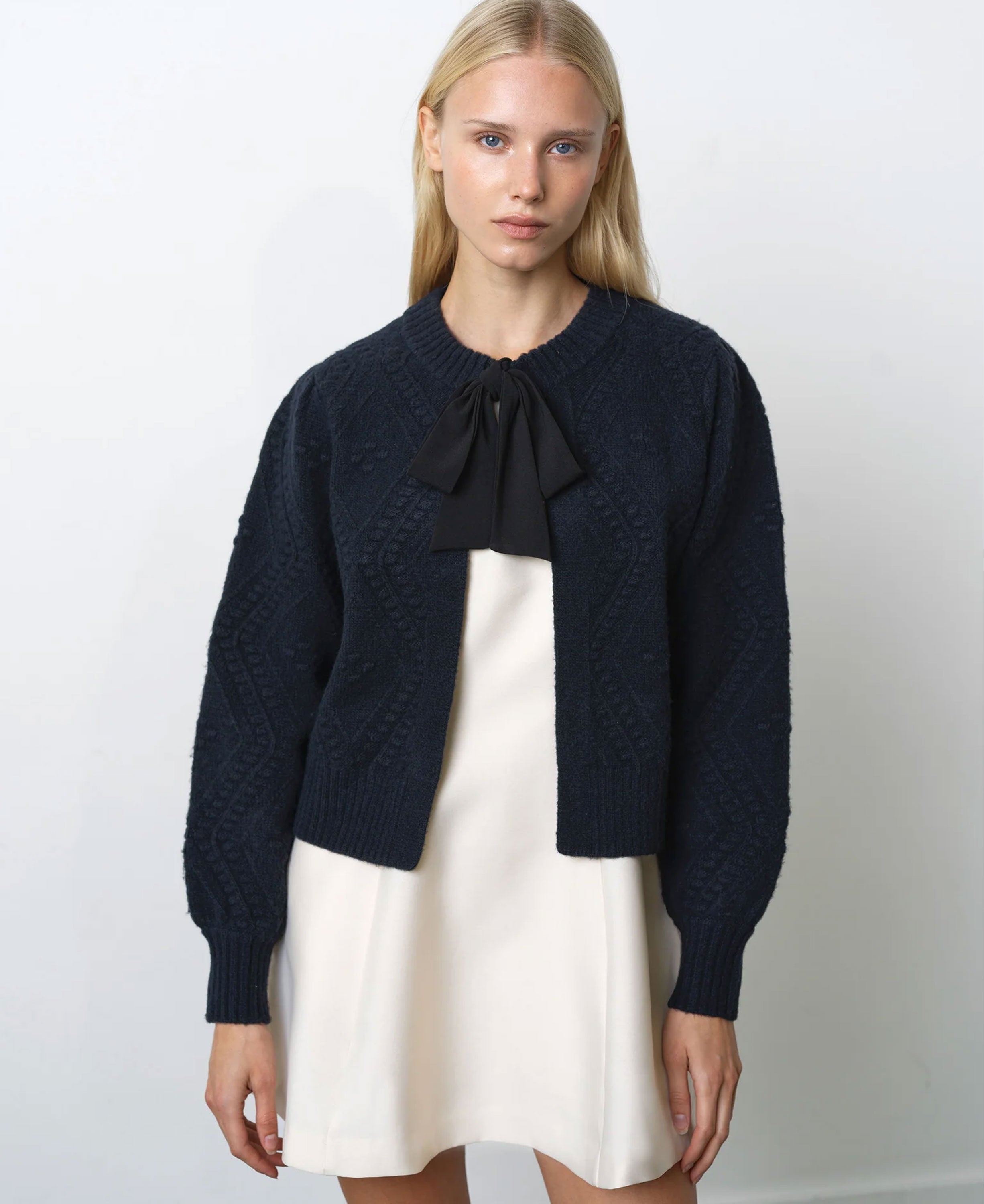 Kitty Bobble Bow Cardigan - Navy Black