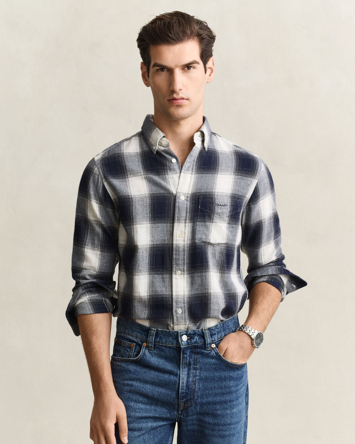 Regular Fit Windblown Flannel Check Shirt - Evening Blue