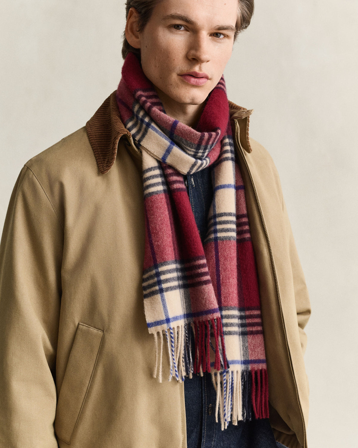Checked Wool Scarf - Plumped Red