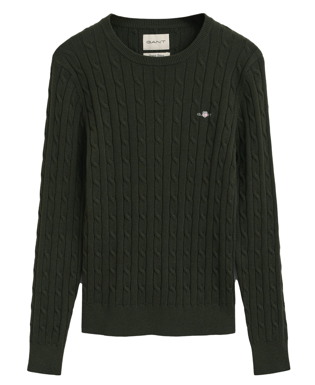 Stretch Cotton Cable Crew Neck Jumper - Dark Moss Green