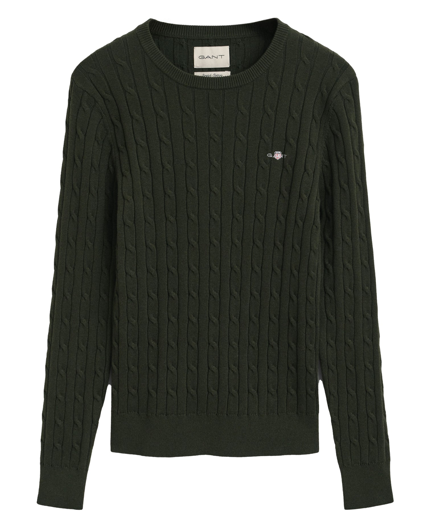 Stretch Cotton Cable Crew Neck Jumper - Dark Moss Green