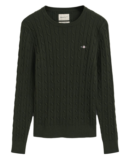 Stretch Cotton Cable Crew Neck Jumper - Dark Moss Green