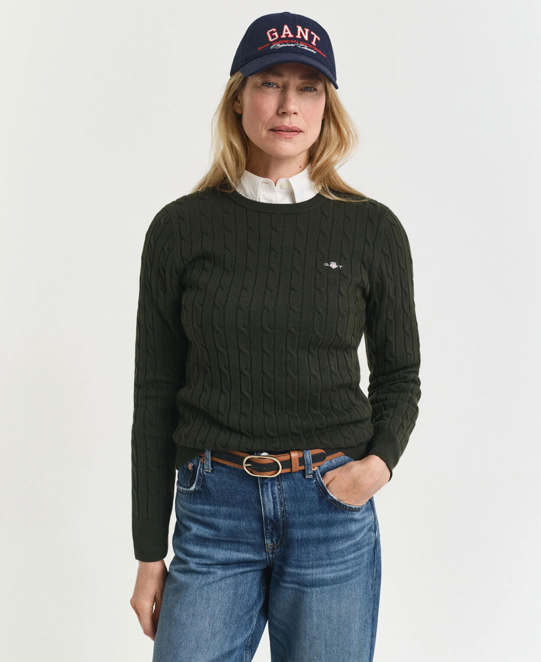 Stretch Cotton Cable Crew Neck Jumper - Dark Moss Green