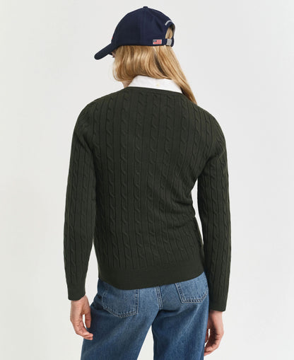 Stretch Cotton Cable Crew Neck Jumper - Dark Moss Green