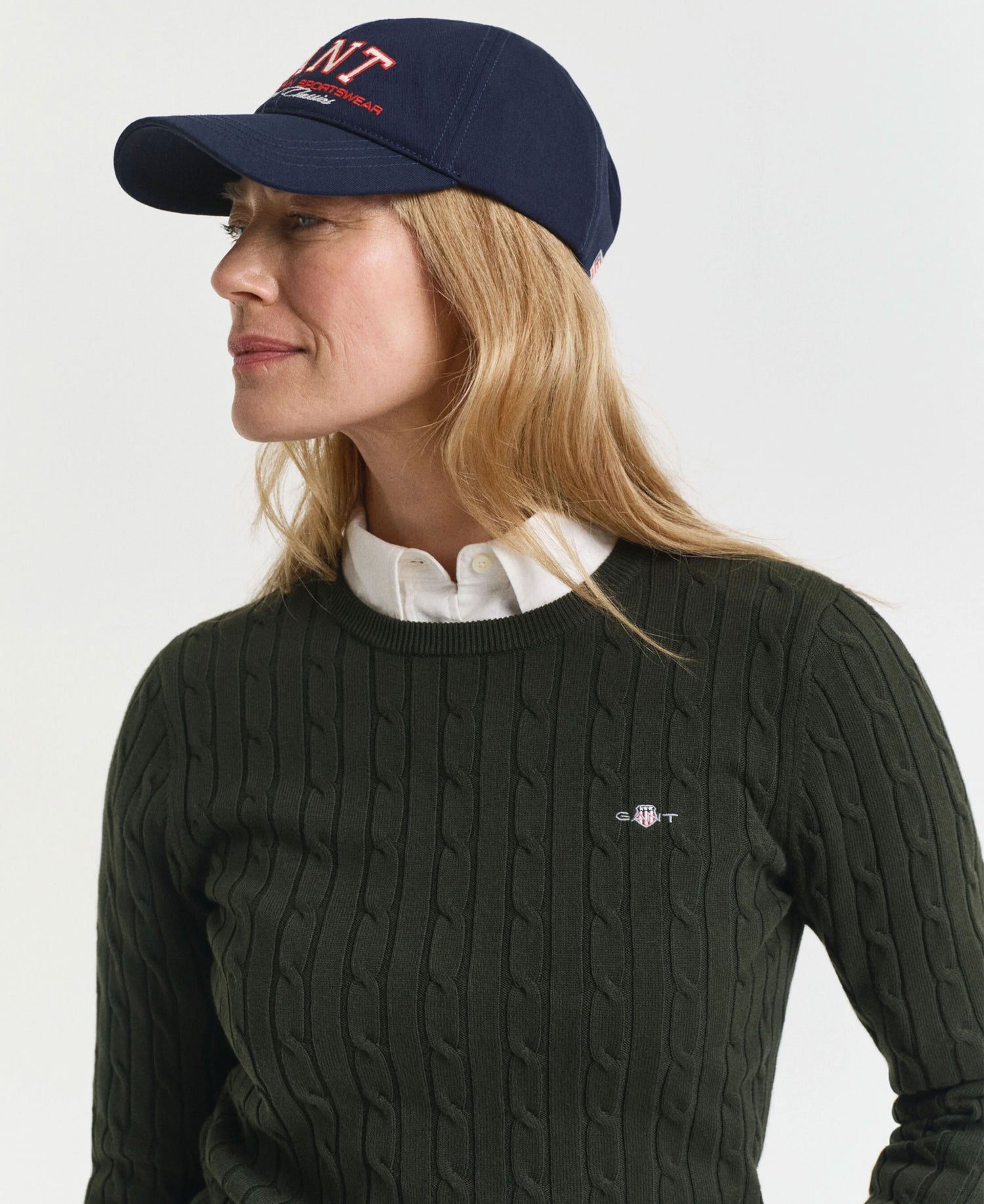 Stretch Cotton Cable Crew Neck Jumper - Dark Moss Green