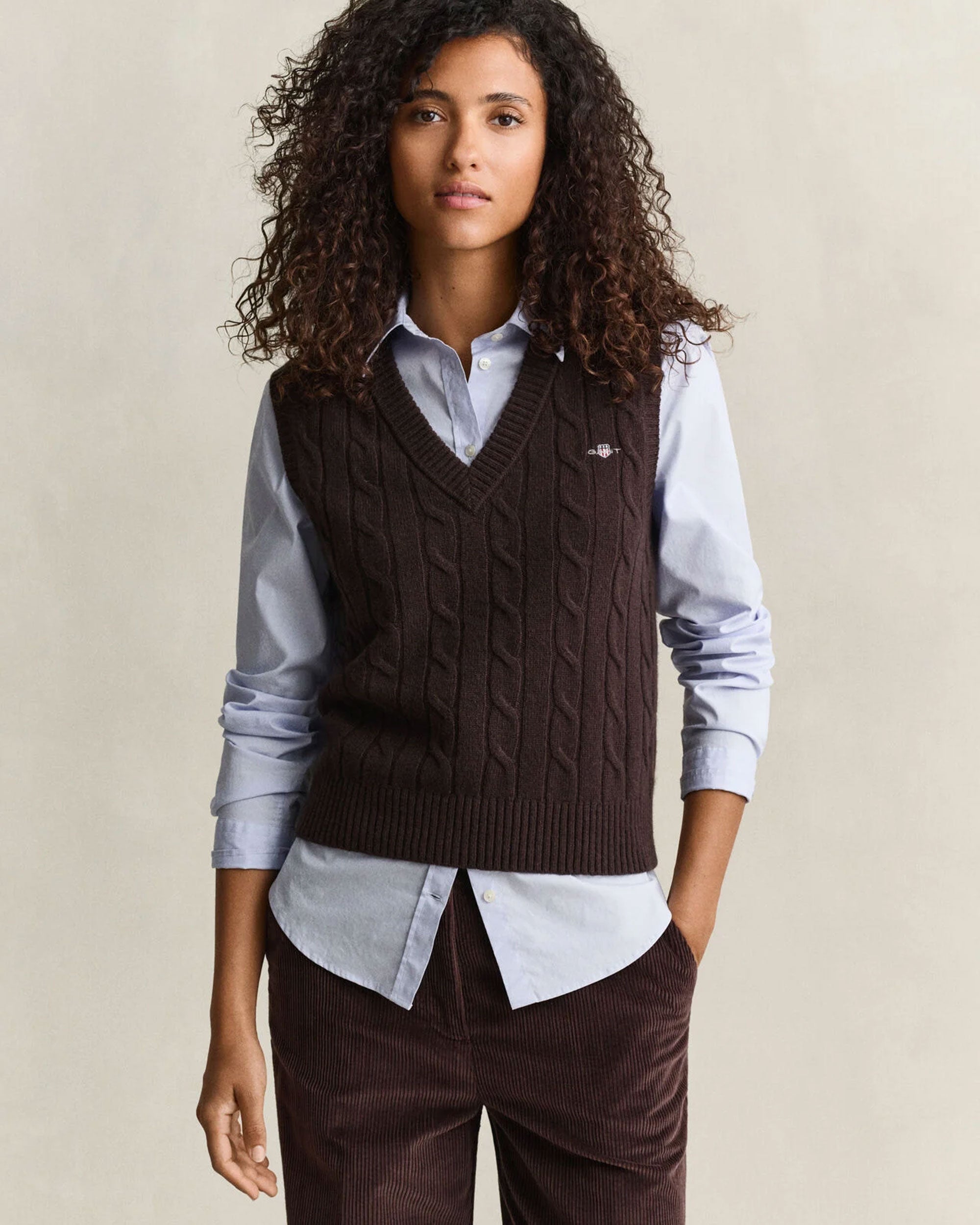 Lambswool Cable Knit Vest - Deep Brown