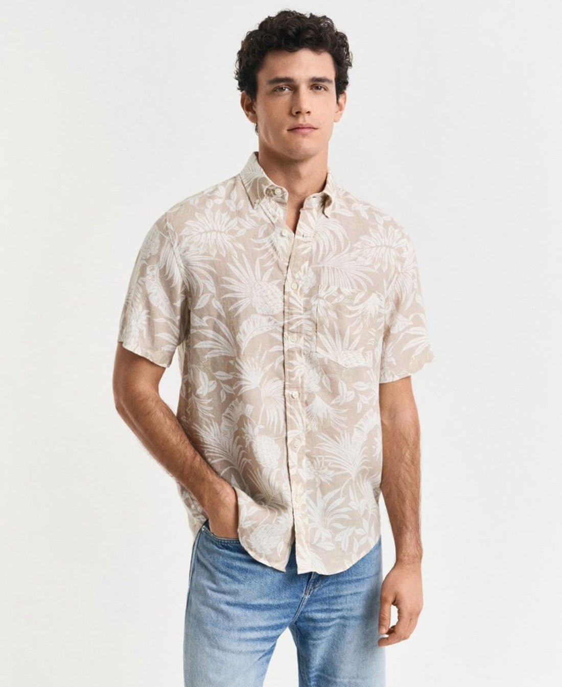 Regular Fit Botanical Linen Print Shirt - Dry Sand