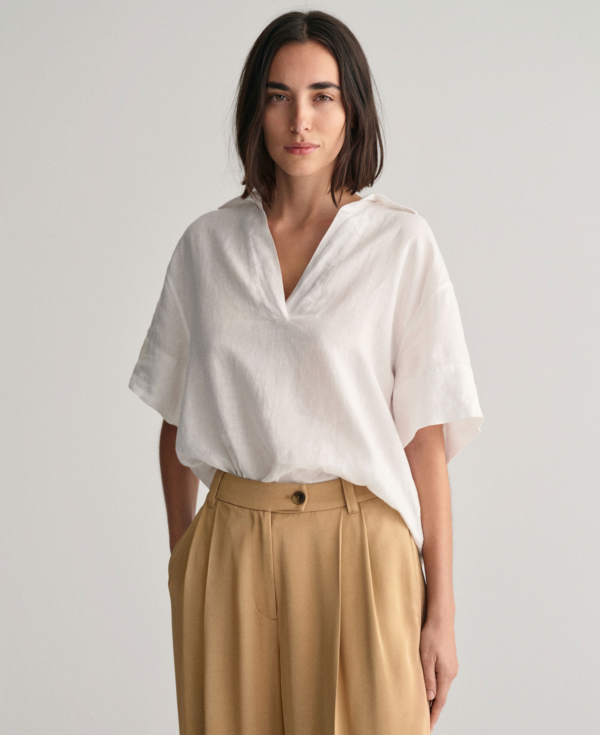 Relaxed Fit Linen Popover Short Sleeve Shirt - White