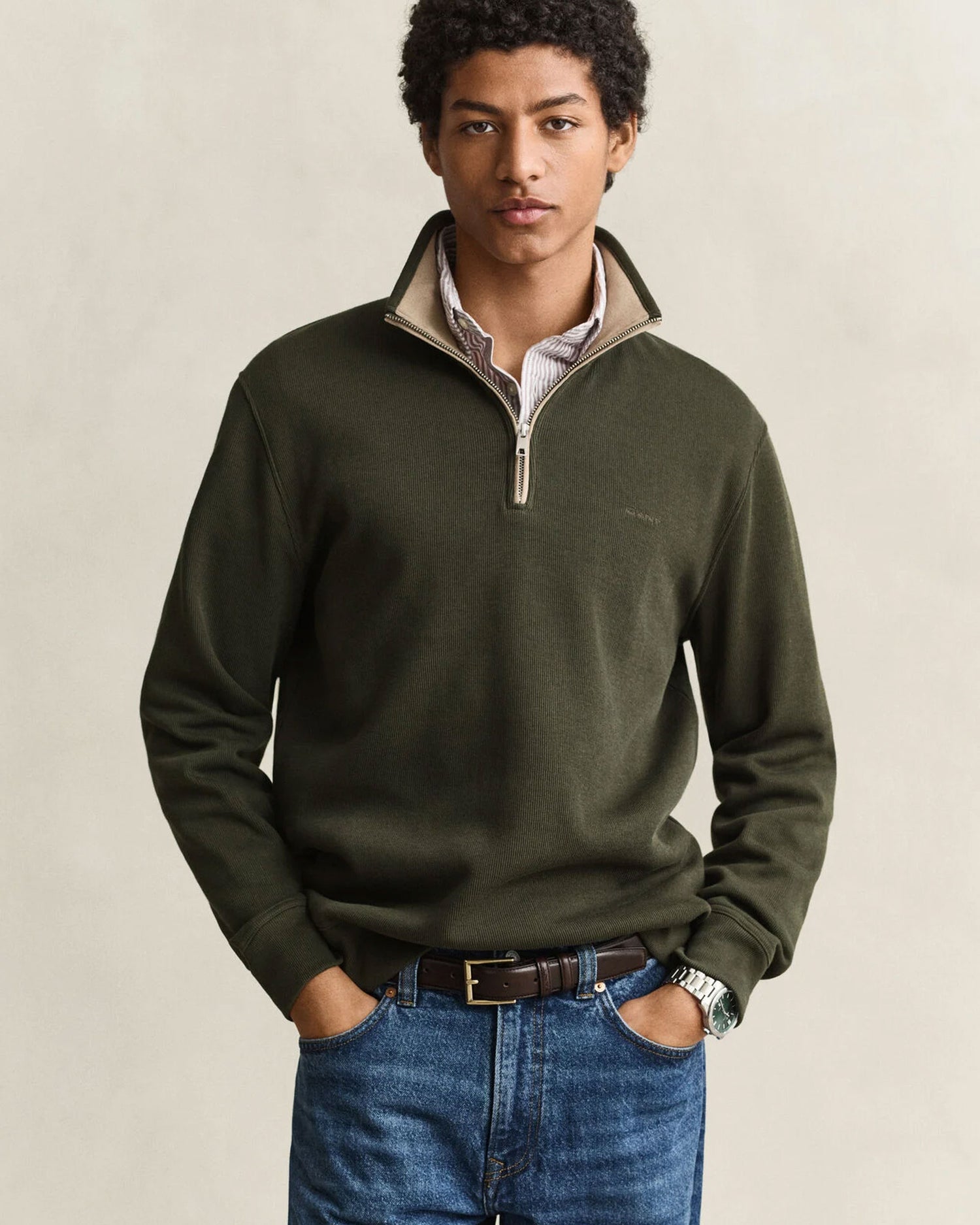 Sacker Rib Half Zip Sweatshirt - Dark Moss Green