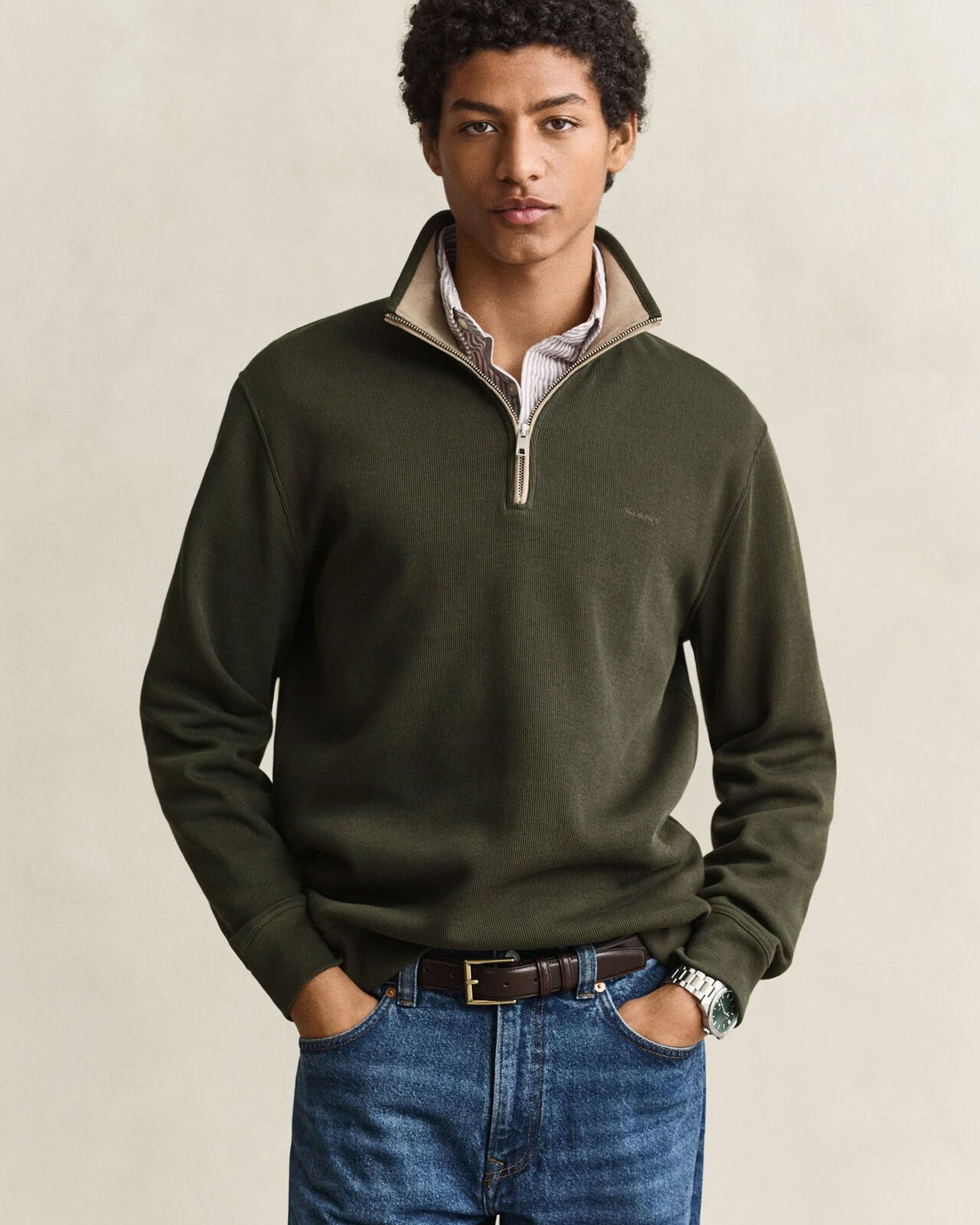 Sacker Rib Half Zip Sweatshirt - Dark Moss Green