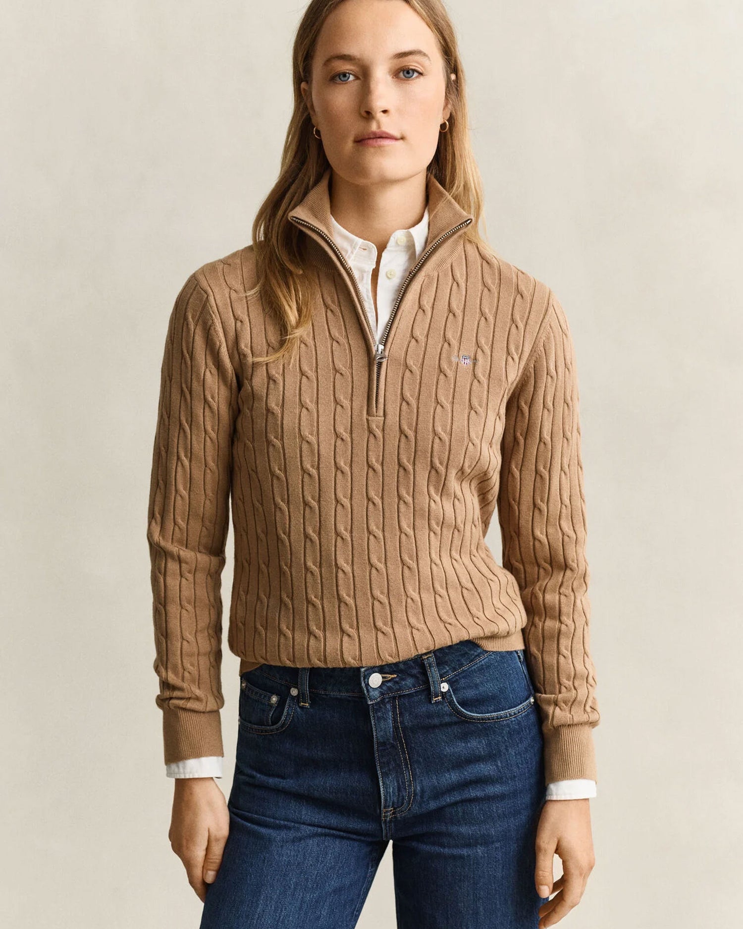 Stretch Cable Half-Zip Sweater - Warm Khaki