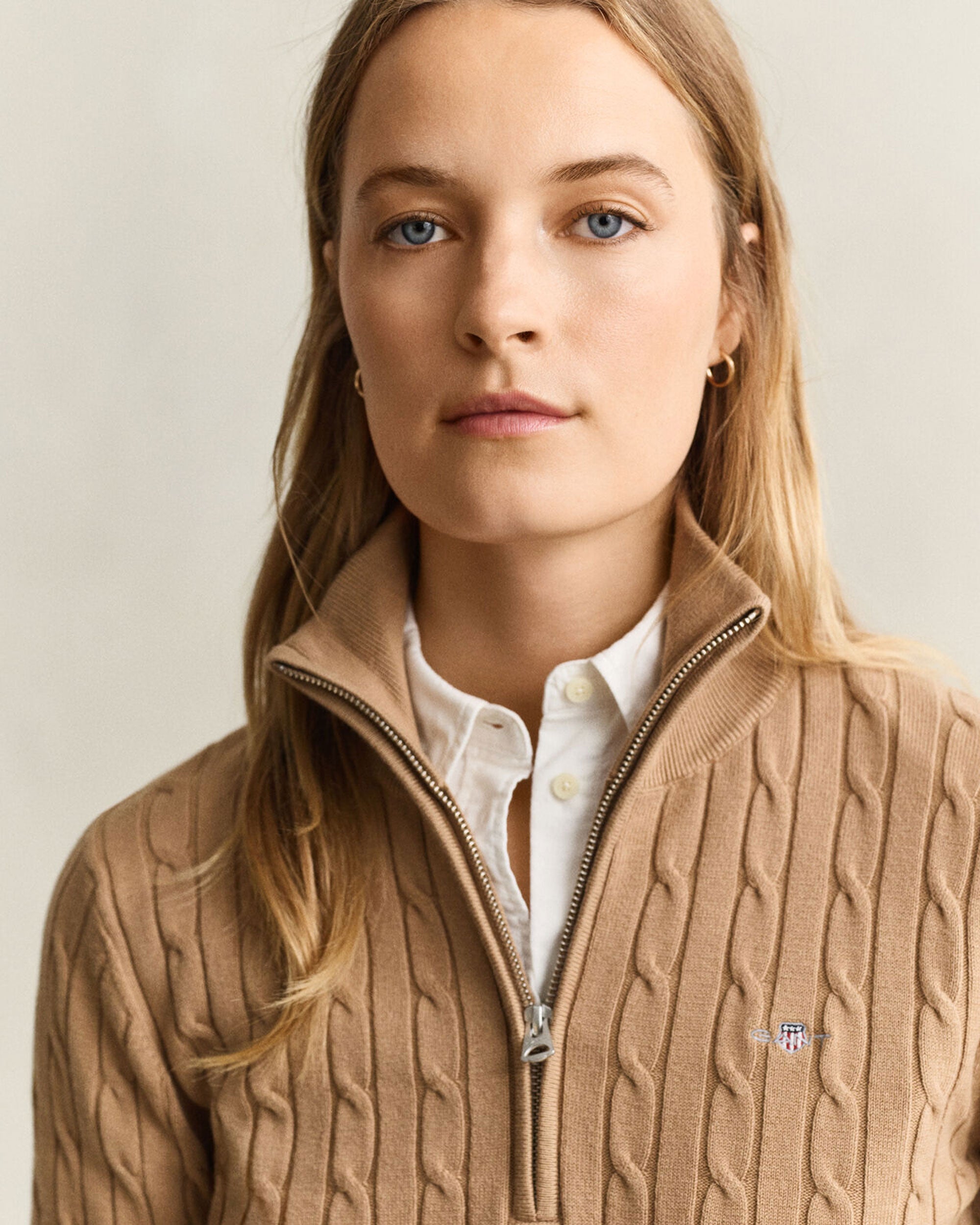 Stretch Cable Half-Zip Sweater - Warm Khaki