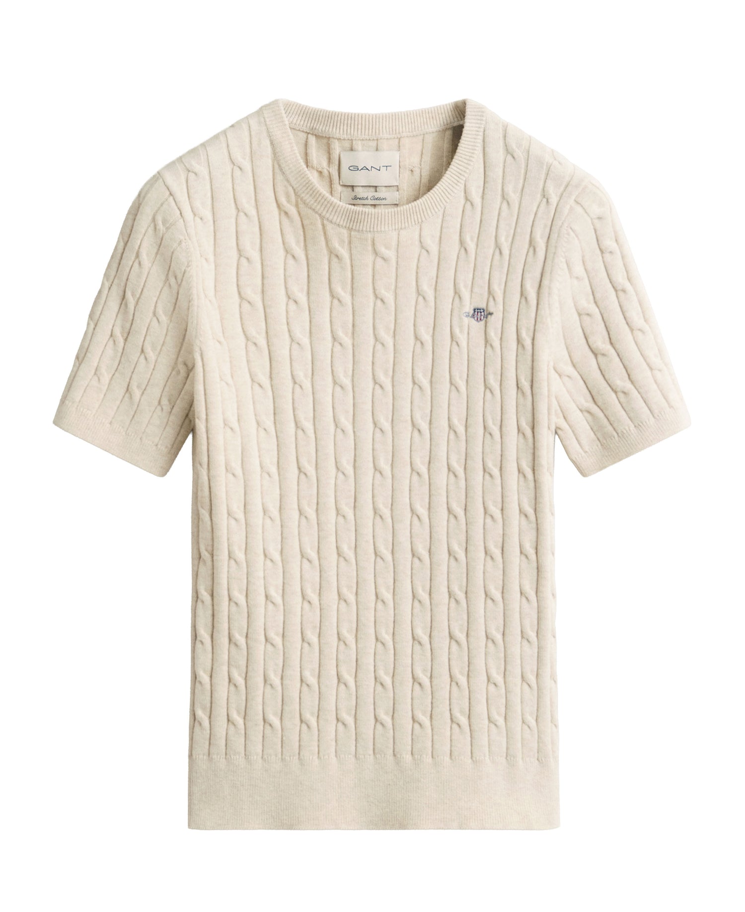Stretch Cotton Cable Short Sleeve C-Neck - Faded Beige