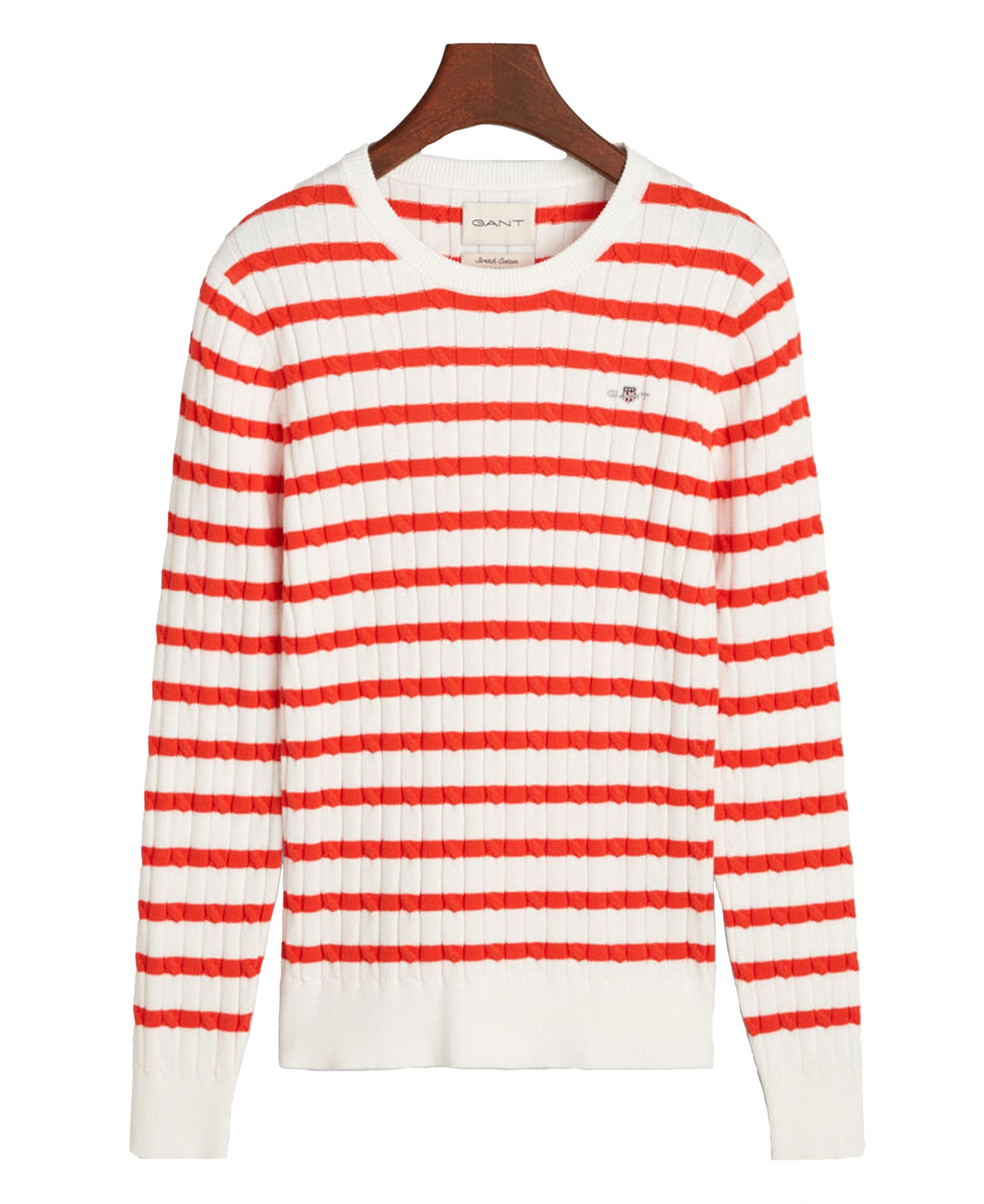 Striped Stretch Cotton Cable Knit Crew Neck Sweater - Orange Red