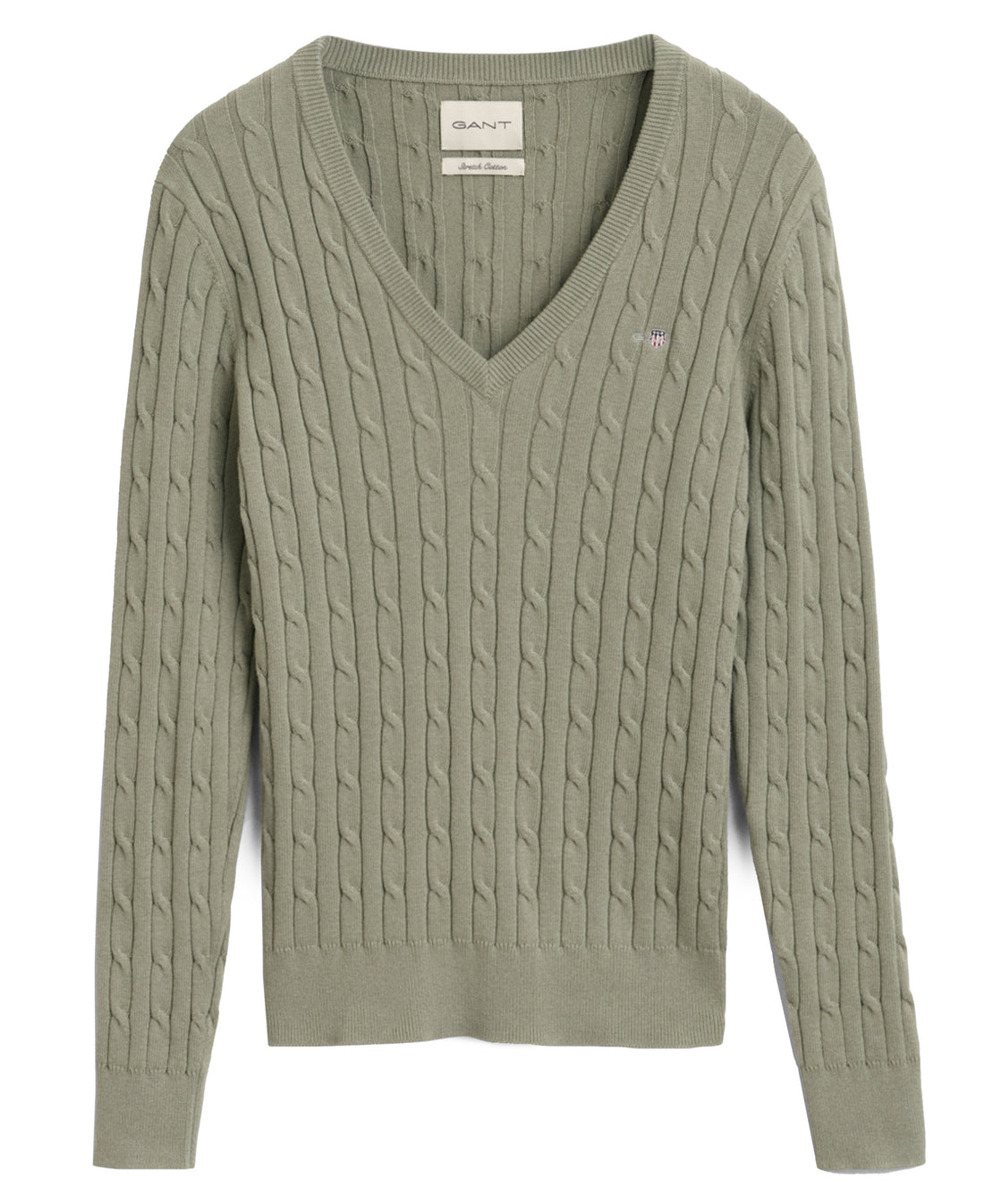 Stretch Cotton Cable V-Neck Sweater - Faded Sage