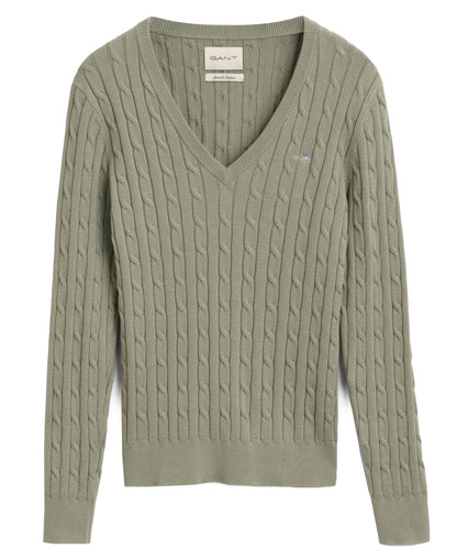 Stretch Cotton Cable V-Neck Sweater - Faded Sage