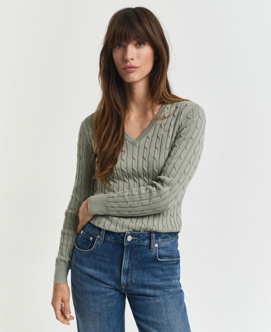Stretch Cotton Cable V-Neck Sweater - Faded Sage