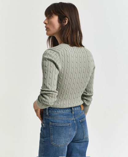 Stretch Cotton Cable V-Neck Sweater - Faded Sage