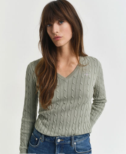 Stretch Cotton Cable V-Neck Sweater - Faded Sage