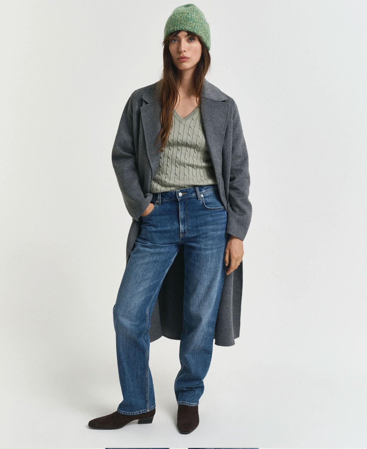 Stretch Cotton Cable V-Neck Sweater - Faded Sage