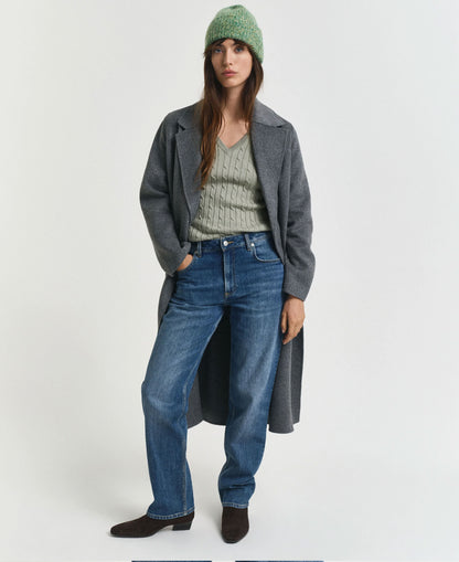 Stretch Cotton Cable V-Neck Sweater - Faded Sage