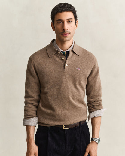 Superfine Lambswool Polo - Light Brown Melange