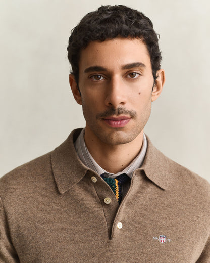Superfine Lambswool Polo - Light Brown Melange