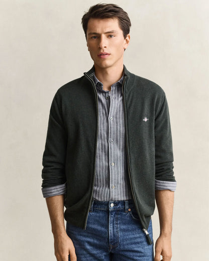 Superfine Lambswool Zip Cardigan - Dark Moss Green