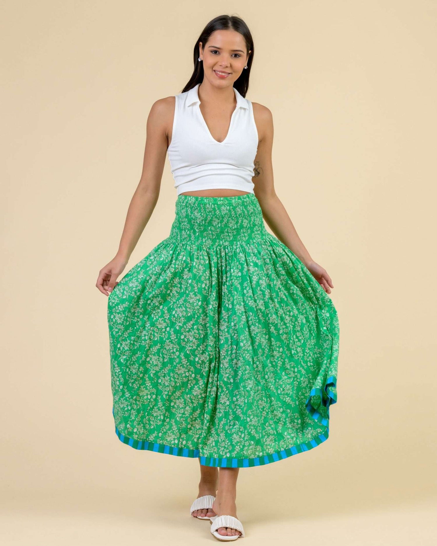 Arista Stretch Waist Skirt - Busy Floral Green