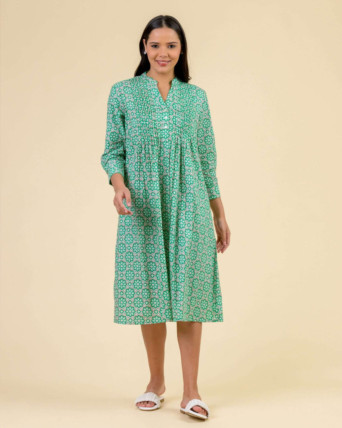 Phantom Long Sleeve Pleated Front Dress - Mosaiq Green