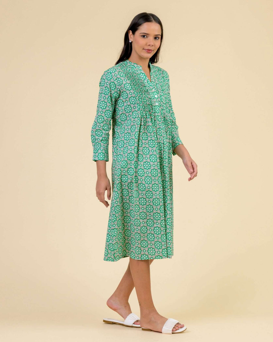 Phantom Long Sleeve Pleated Front Dress - Mosaiq Green