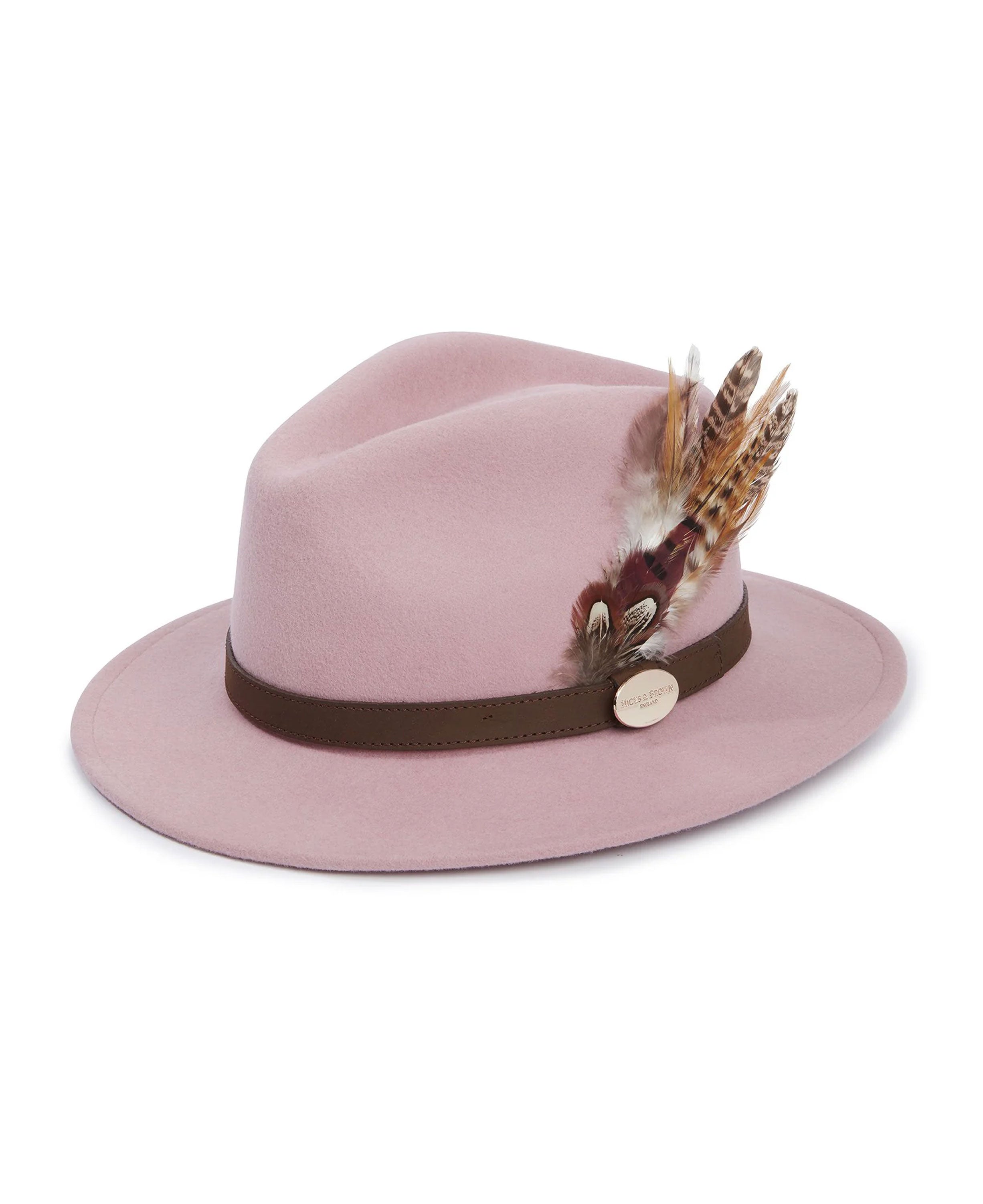 Suffolk Fedora Bronze Side Feather - Dusky Pink