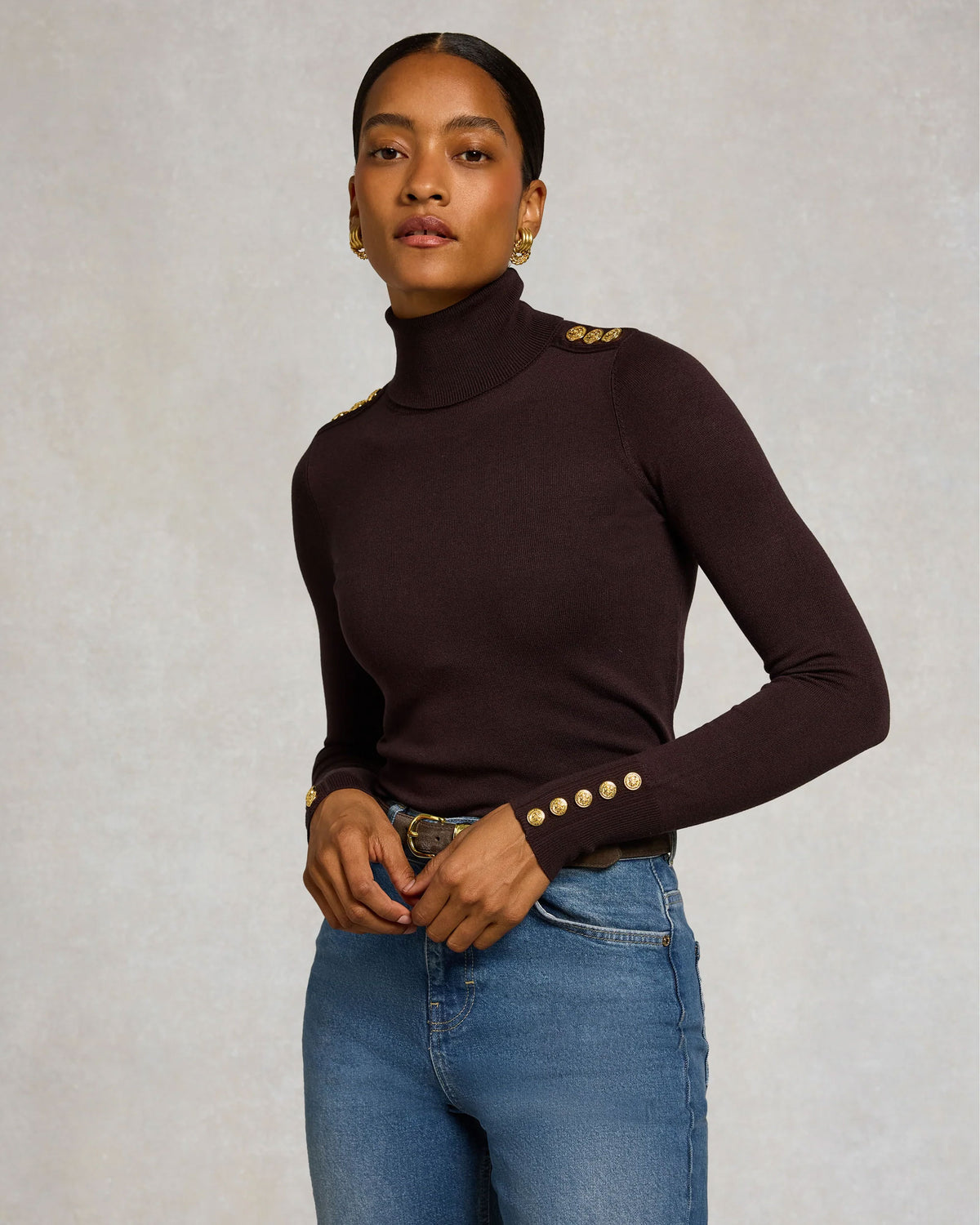 Buttoned Knit Roll Neck - Chocolate
