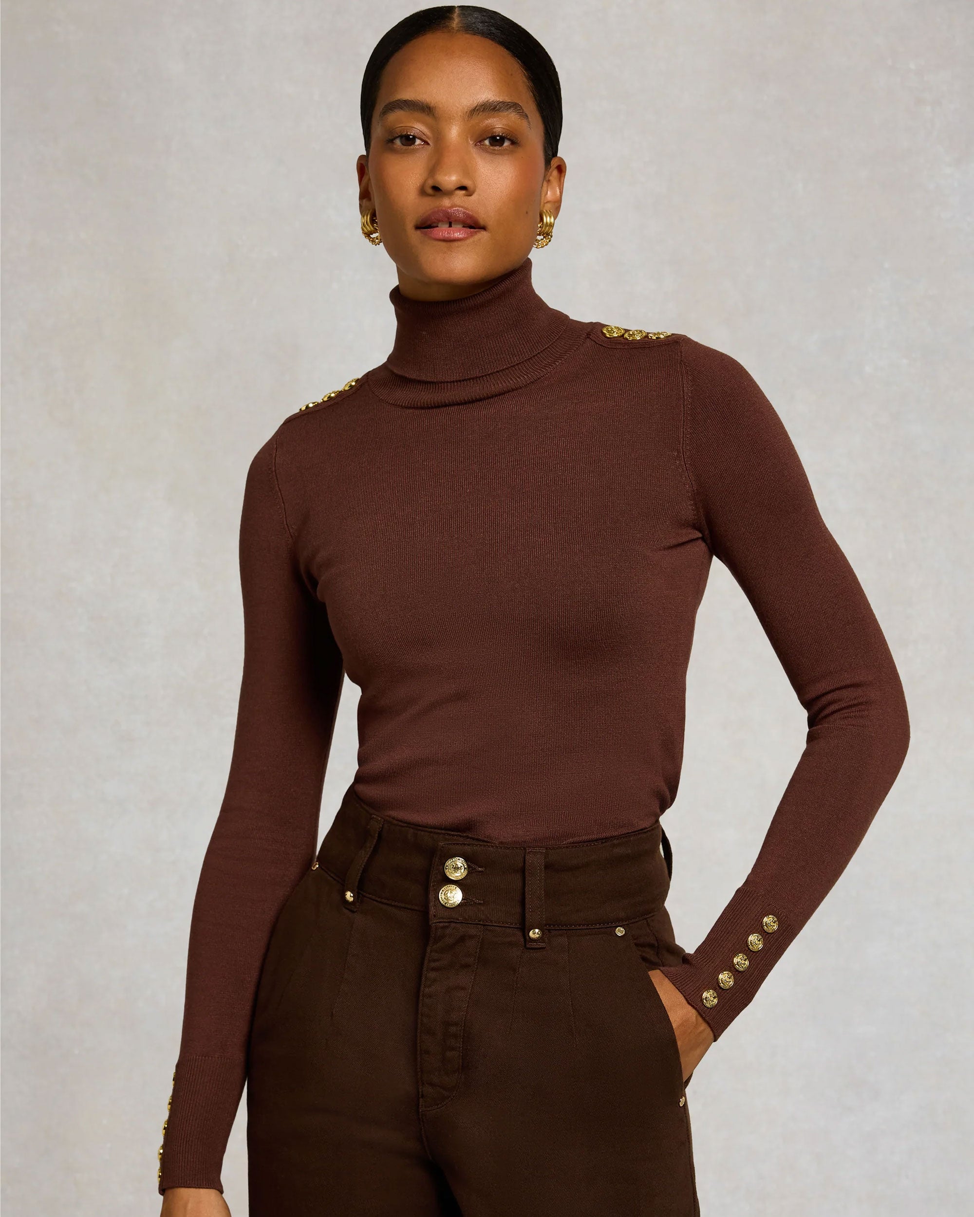 Buttoned Knit Roll Neck - Walnut
