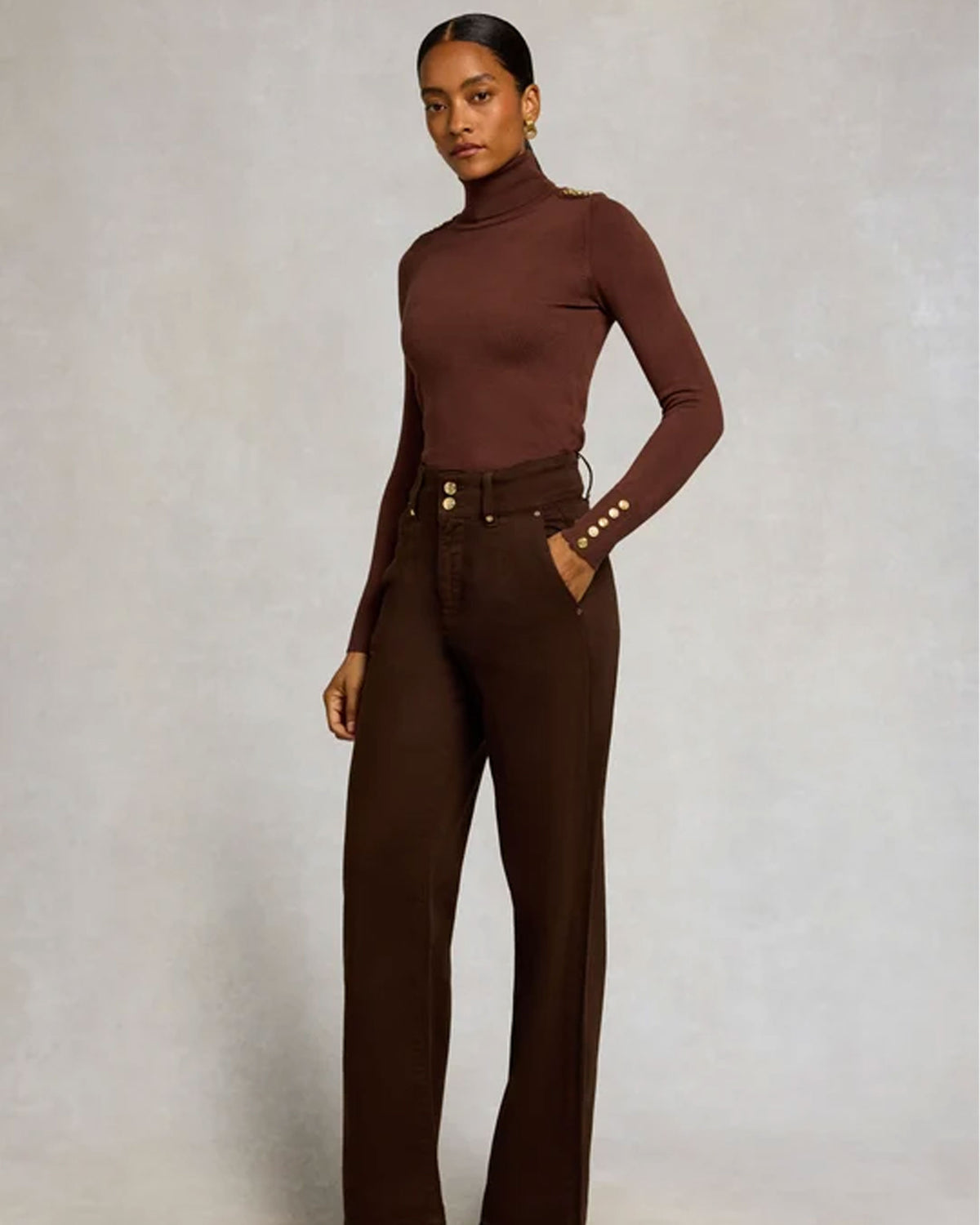 Buttoned Knit Roll Neck - Walnut