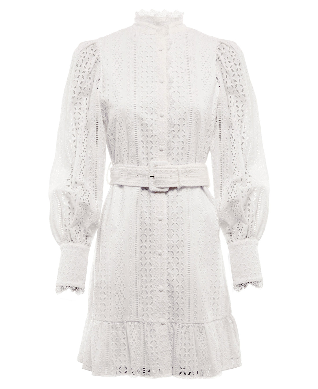 Collarless Broderie Mini Dress - White