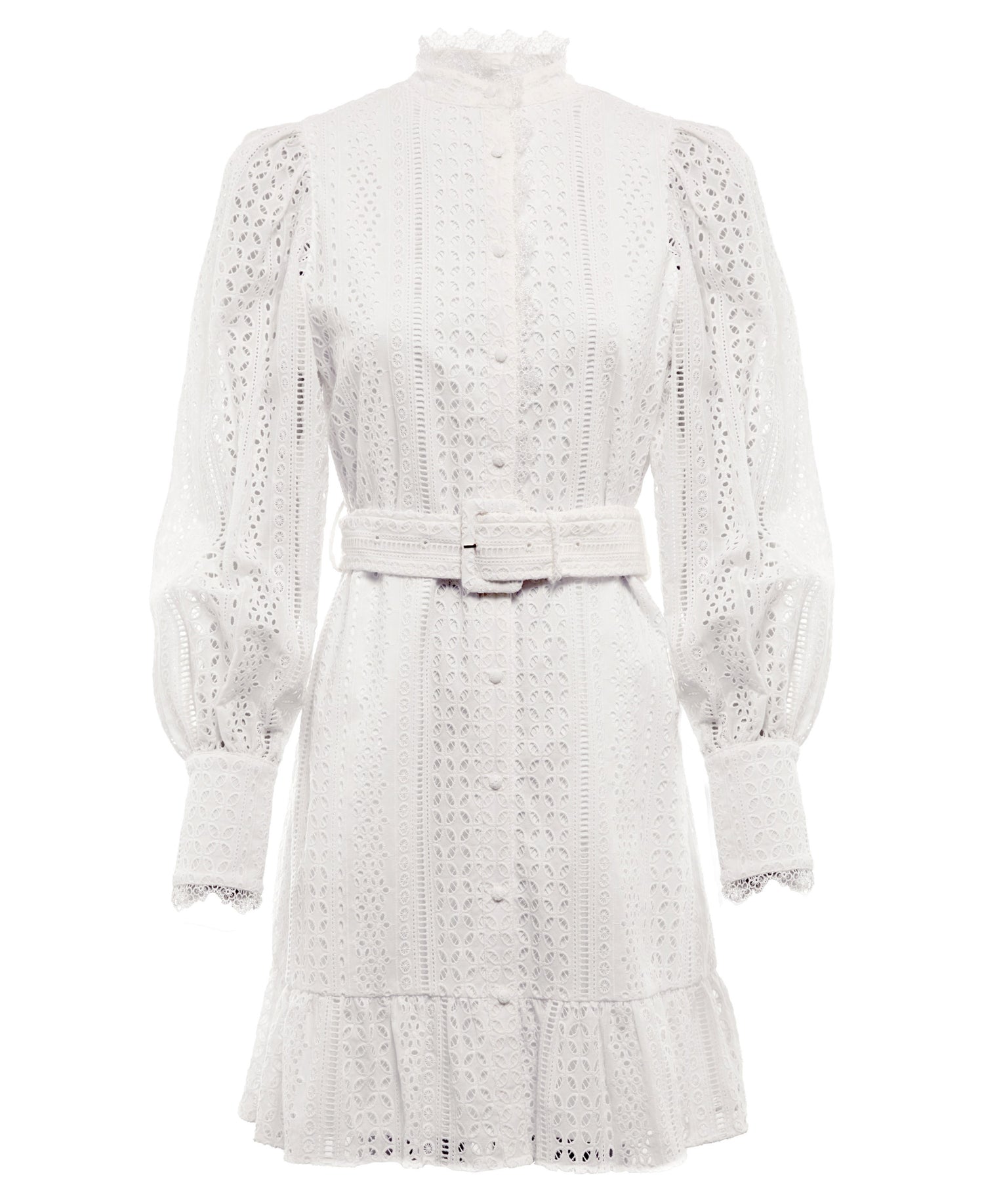 Collarless Broderie Mini Dress - White