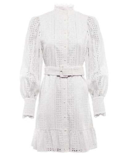 Collarless Broderie Mini Dress - White