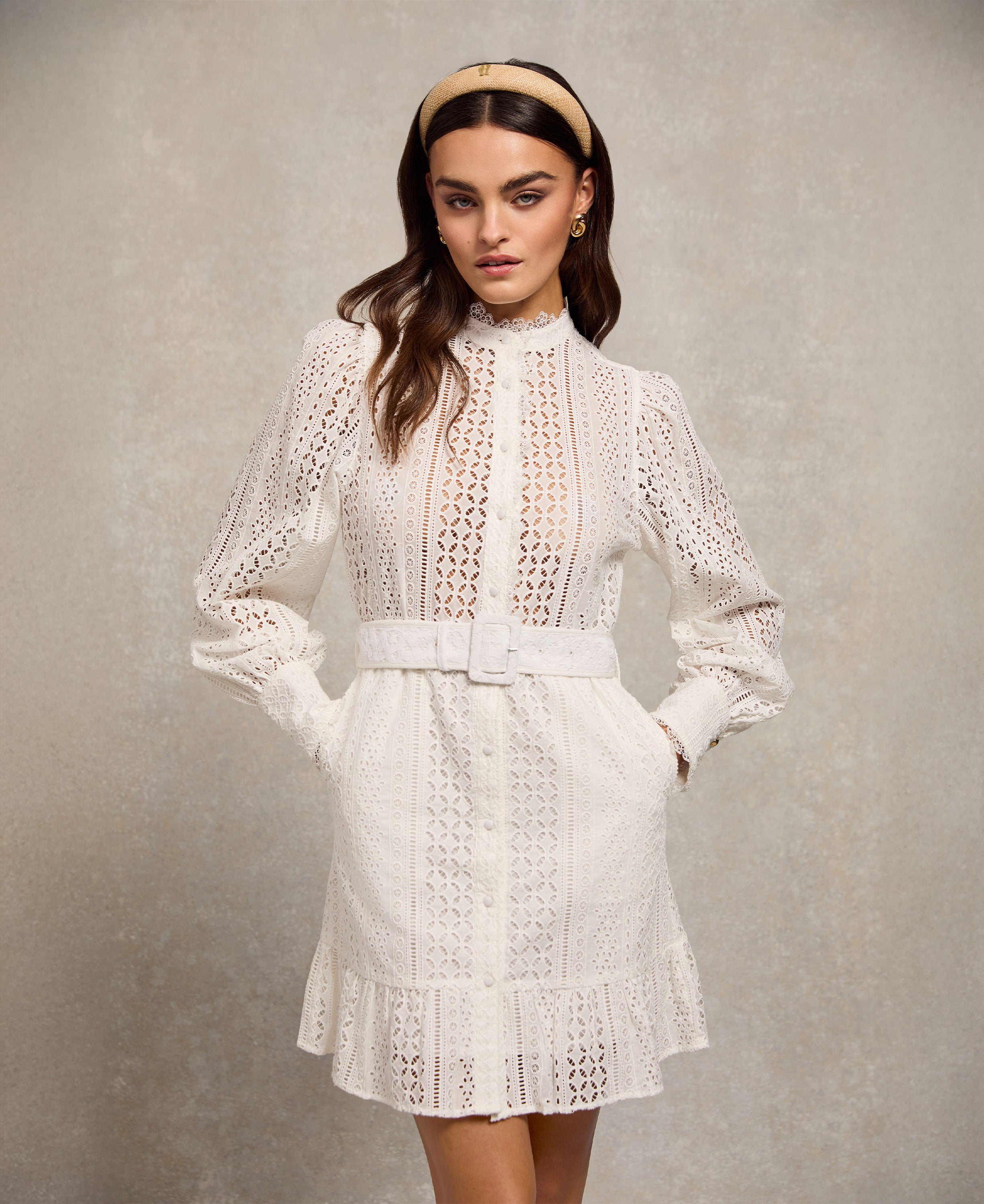 Collarless Broderie Mini Dress - White
