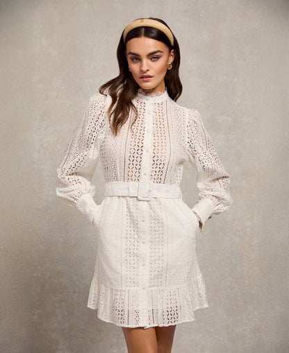 Collarless Broderie Mini Dress - White