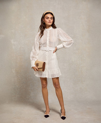 Collarless Broderie Mini Dress - White