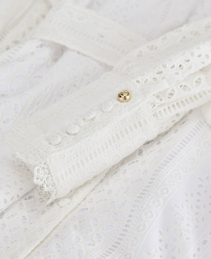 Collarless Broderie Mini Dress - White