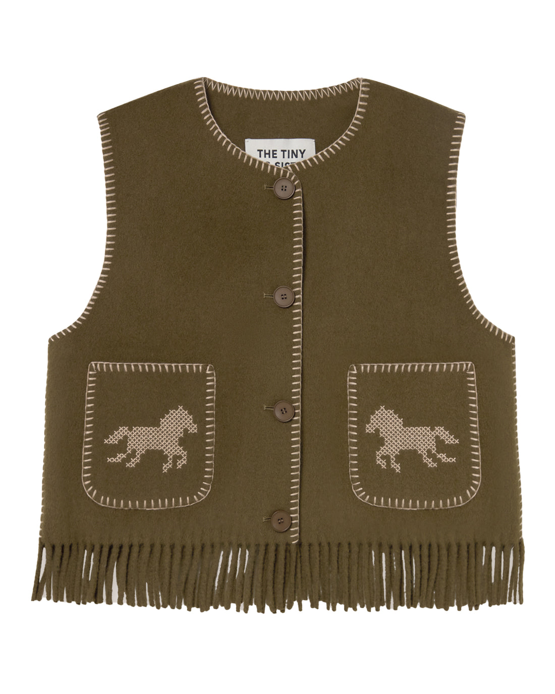 Horses Embroidered Vest - Dark Khaki