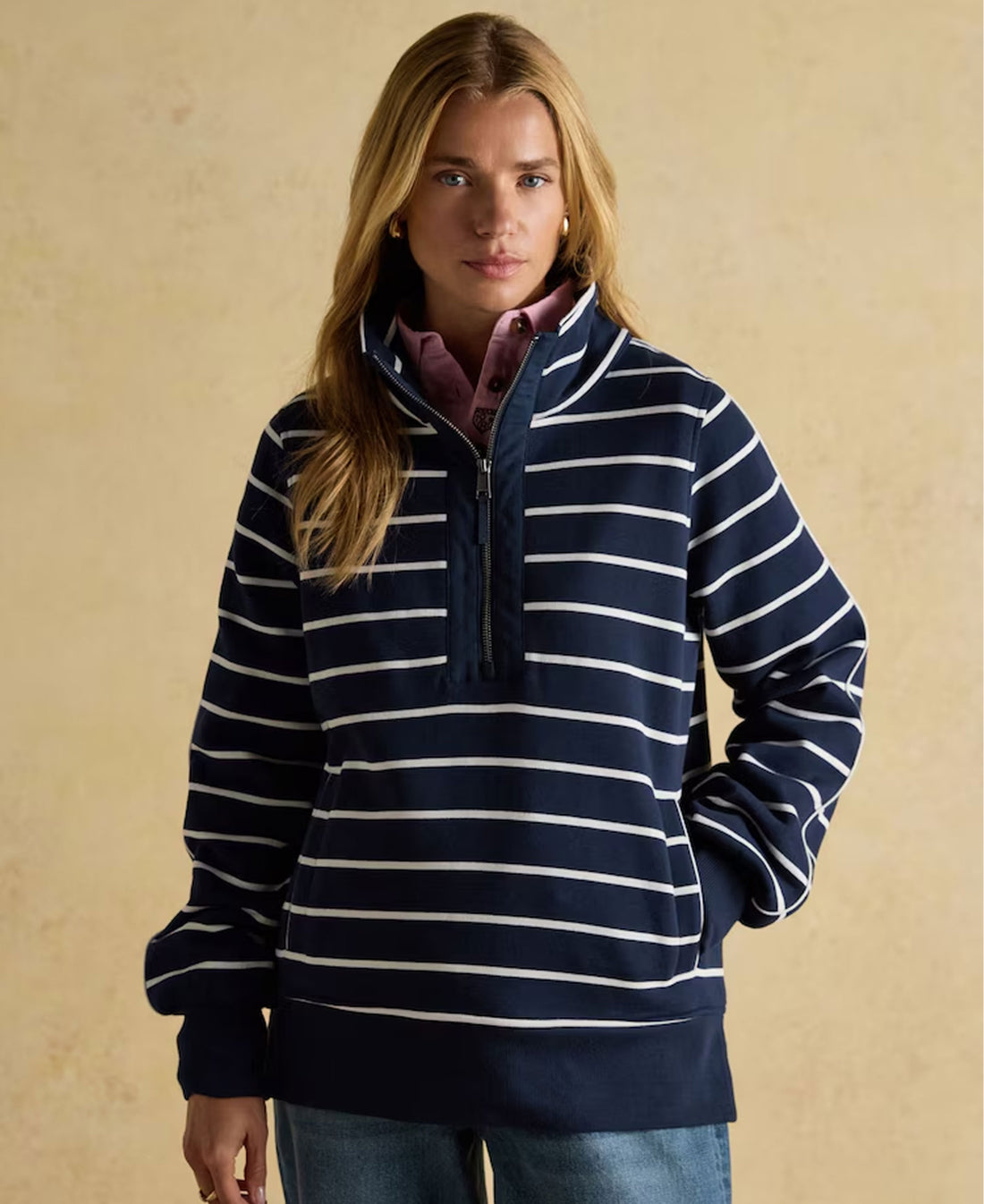 Bronte Funnel Neck Quarter Zip Sweatshirt - Navy Stripe