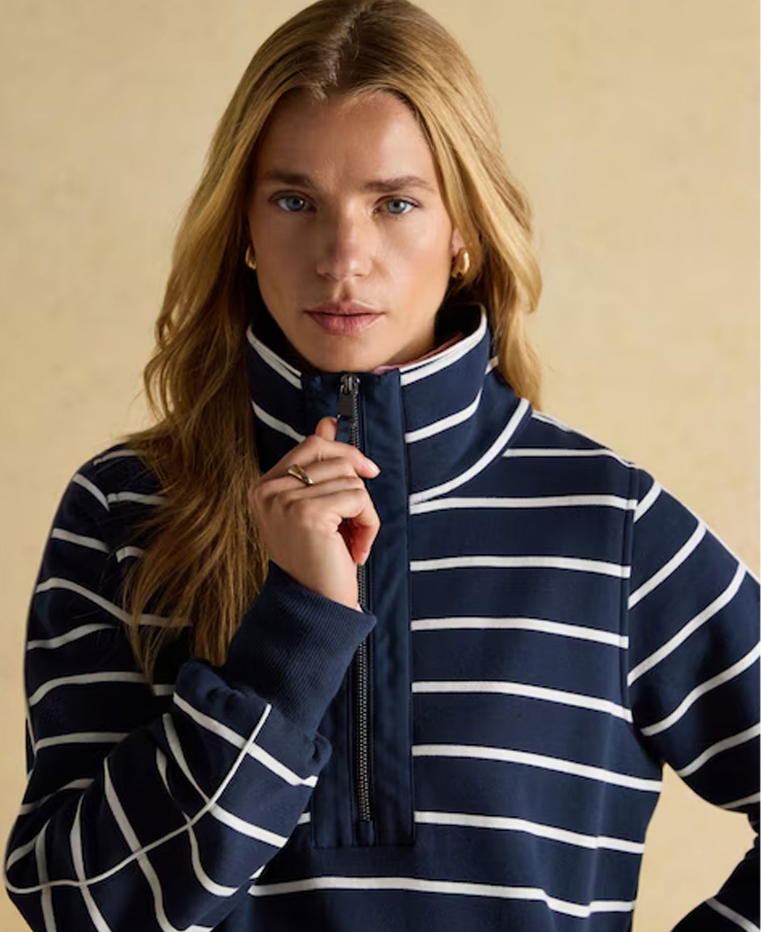 Bronte Funnel Neck Quarter Zip Sweatshirt - Navy Stripe