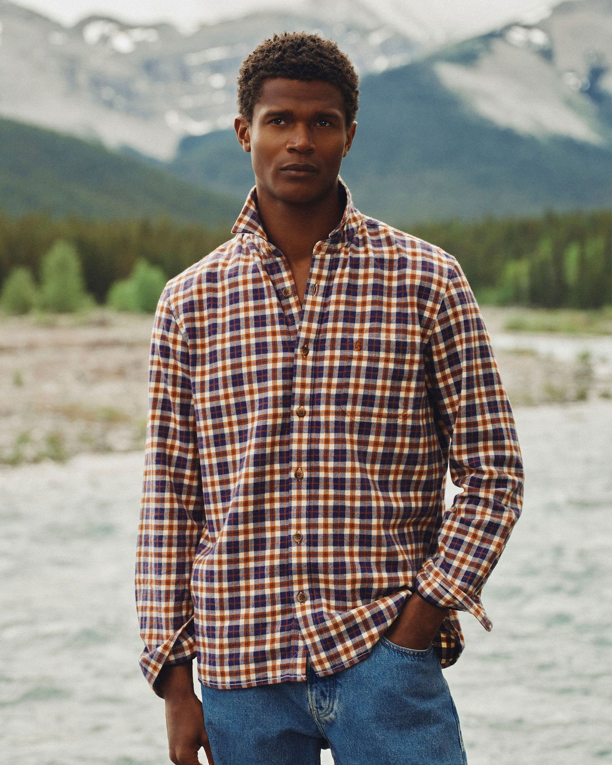 Brushed Flannel Check Classic Fit Shirt - Navy