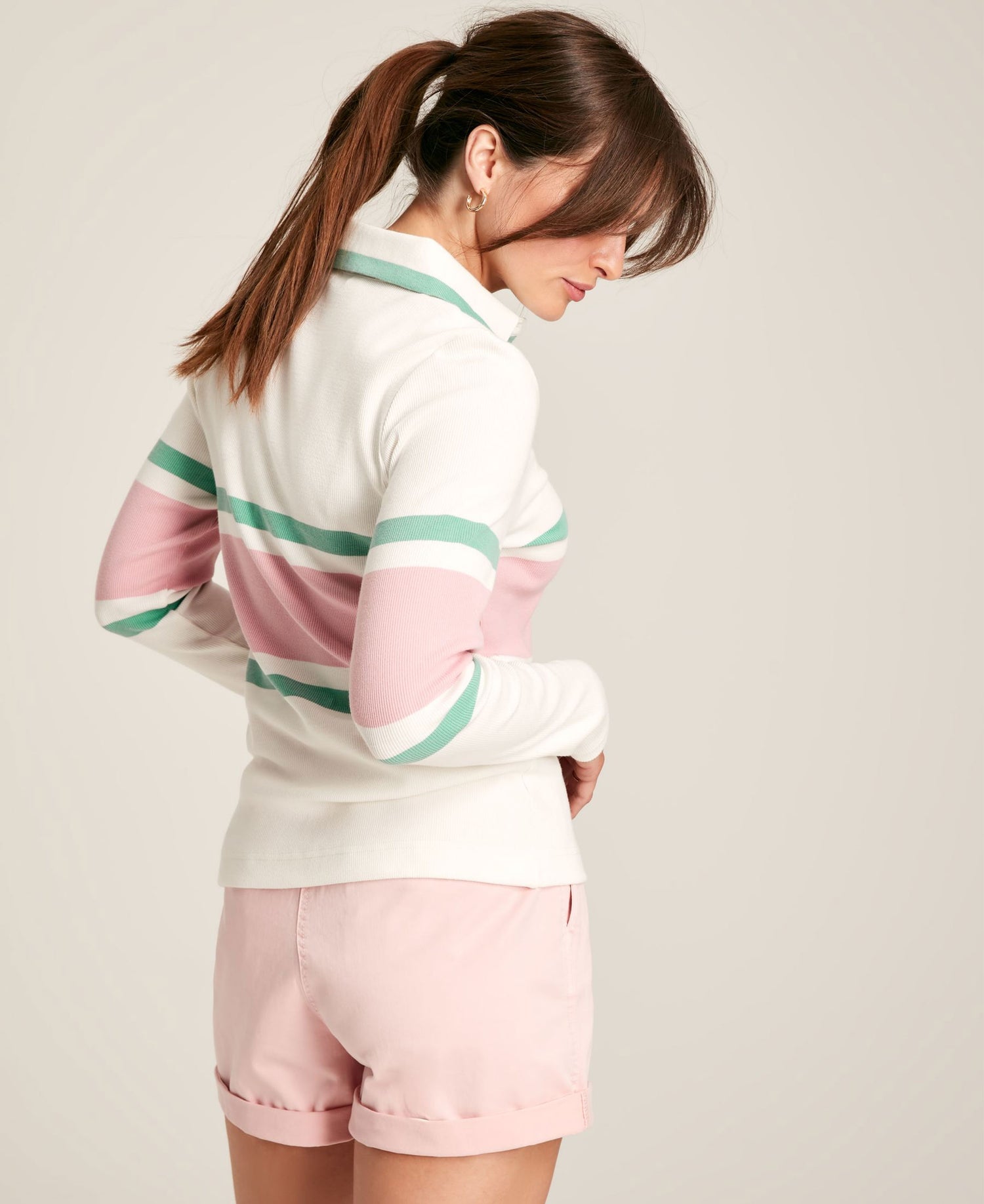 Fairfield Ribbed Polo Shirt - Cream/Pink/Green